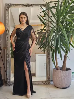 Rochie lunga din tafta cu slit pe picior si broderie pretioasa imagine