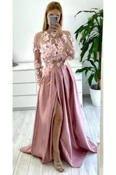 Rochie lunga din tafta roz prafuit cu broderie florala 3D imagine