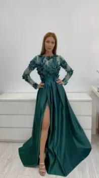 Rochie lunga din tafta verde cu broderie florala 3D imagine