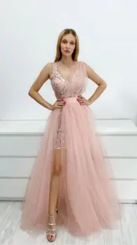 Rochie lunga din tull cu broderie pretioasa in partea superioara imagine