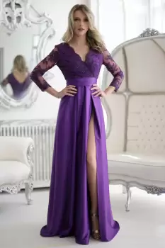 Rochie lunga eleganta din tafta mov cu broderie imagine