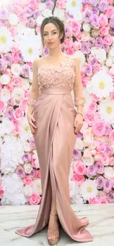 Rochie lunga eleganta din tafta roz prafuit cu broderie florala 3D in partea superioara imagine