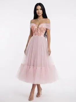 Rochie midi din tull cu terminatia din volane imagine