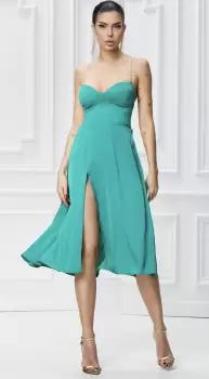 Rochie midi eleganta verde cu spatele gol si slit pe picior imagine