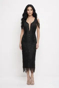 Rochie midi mulata pe corp prevazuta cu franjuri imagine