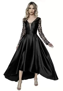 Rochie neagra din tafta asimetrica cu dantela in partea superioara imagine