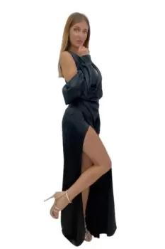 Rochie neagra din tafta neagra cu slit pe picior si umeri destupati imagine