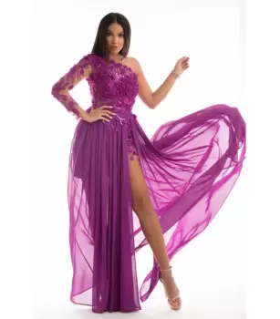 Rochie ocazie lunga din voal fucsia cu broderie florala 3D aplicata manual imagine