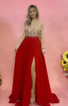 Rochie rosie lunga eleganta din voal cu broderie si perle imagine