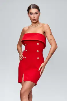 Rochie rosie scurta cu volan la bust imagine