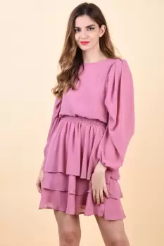 Rochie roz prafuit din voal cu partea de jos asimetrica imagine