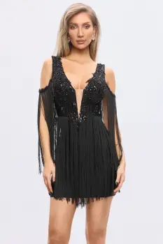Rochie scurta neagra cu franjuri si broderie imagine