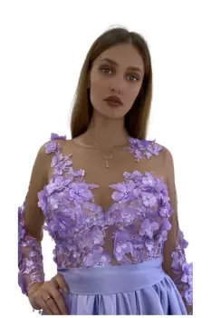 Rochie violet din voal cu flori 3D in partea superioara imagine