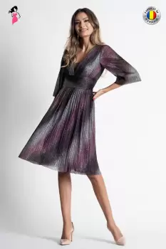 Rochie Xara de ocazie din lurex plisat gri cu roz imagine