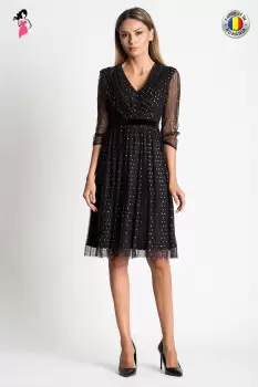 Rochie Xara de ocazie midi din tulle plisat cu buline aurii imagine