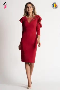 Rochie Xara de ocazie rosie cu fir metalic in tesatura de lungime midi imagine