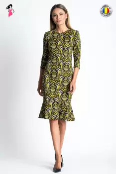 Rochie Xara eleganta conica cu imprimeu baroc si volan la baza imagine