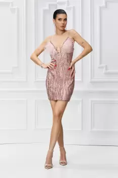 Rochiee eleganta scurta din tafta rose cu broderie pretioasa in partea din fata si pene imagine