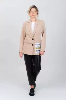 Sacou bej casual cu imprimeu si buzunare laterale imagine