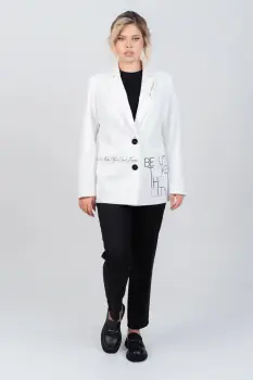 Sacou casual alb cu imprimeu si buzunare laterale functionale imagine