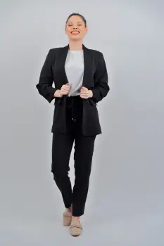 Sacou casual negru cu pliuri la maneci si revere tip sal imagine