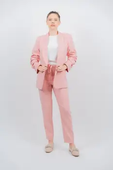 Sacou dama roz prafuit casual cu manea incretita si revere tip sal imagine