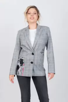 Sacou gri in carouri in nuante de gri albastru si roz imagine