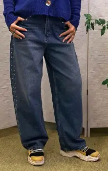 Blugi wide leg albastri cu capse laterale decorative imagine