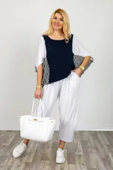 Bluza alb-bleumarin oversize cu design asimetric din bumbac imagine