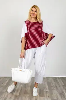Bluza alb-rosu inchis oversize cu design asimetric din bumbac - joc de dungi imagine