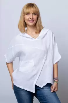 Bluza alba asimetrica din in, cu gluga imagine