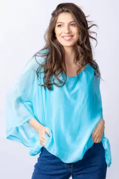 Bluza albastru aqua din matase naturala cu maneca fluture imagine