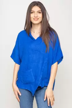 Bluza albastru electric asimetrica din in, cu gluga imagine