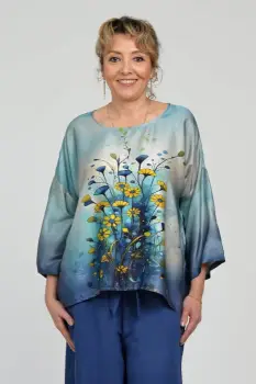 Bluza amestec matase cu vascoza, imprimeu pictural cu flori galbene delicate imagine