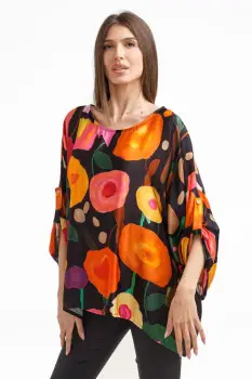 Bluza amestec matase cu vascoza, imprimeu pictural cu flori galbene delicate - Copie imagine