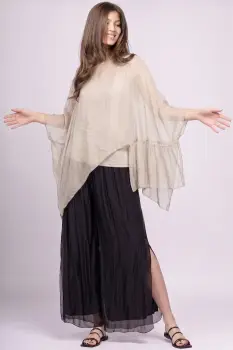 Bluza asimetrica din matase naturala si vascoza tip poncho, bej imagine