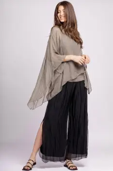 Bluza asimetrica din matase naturala si vascoza tip poncho, bej inchis imagine
