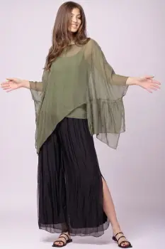 Bluza asimetrica din matase naturala si vascoza tip poncho, kaki imagine
