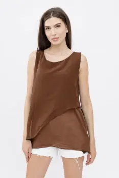 Bluza asimetrica in colturi din matase naturala si bumbac fara maneci, maro imagine