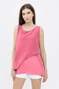 Bluza asimetrica in colturi din matase naturala si bumbac fara maneci, roz imagine