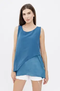 Bluza asimetrica in colturi din matase naturala si bumbac fara maneci, turcoaz inchis imagine