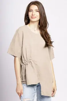 Bluza bej din in, asimetrica, cu siret lateral imagine