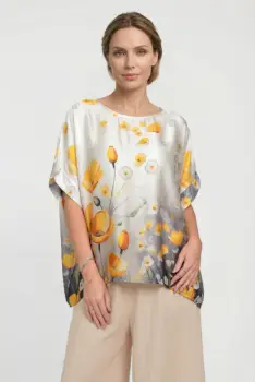 Bluza bej maneca scurta din matase si vascoza, imprimeu pictural flori galbene imagine