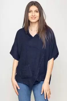 Bluza bleumarin asimetrica din in, cu gluga imagine