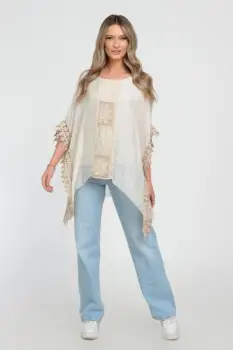 Bluza boho bej, din matase naturala, in colturi, cu insertie de broderie si tivita cu dantela macrame imagine