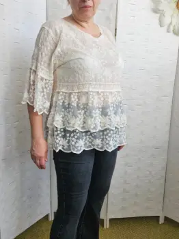 Bluza brodata cu volane din dantela de bumbac, bej imagine