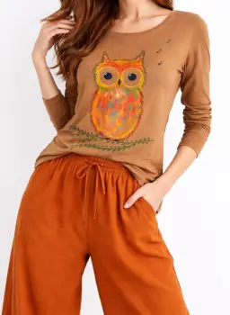 Bluza camel din bumbac  pictata manual ,cu bufnita imagine