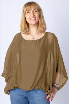 Bluza camel din matase naturala cu maneca fluture imagine