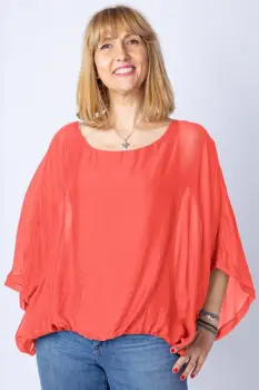 Bluza corai din matase naturala cu maneca fluture imagine