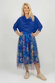 Bluza cu colt, din bumbac, cu guler amplu si croi asimetric, albastru imagine